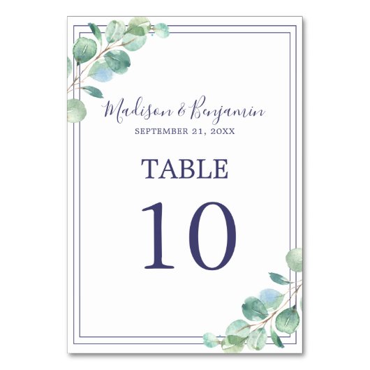 Numéro De Table Chic Script Green Foliing Marine Bleu Mariage fron (Par défaut)