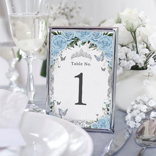 Numéro De Table Chic Sky Blue Floral Argent Anniversaire Quinceane