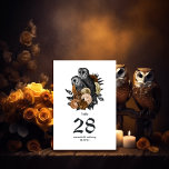 Numéro De Table Chouette florale d'Ambre Mariage gothique<br><div class="desc">Whimsical vintage fleuri owls gothique mariage carte numéro de table dans accents d'ambre personnalisable à vos détails de l'événement.</div>