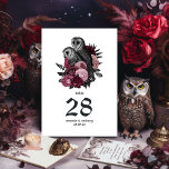 Numéro De Table Chouette florale de Bourgogne Mariage gothique<br><div class="desc">Whimsical vintage fleuri owls gothique mariage carte numéro de table dans accents de bordeaux personnalisable à vos spécificités d'événement.</div>