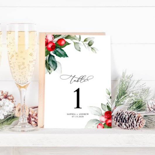 Numéro De Table Christmas Greenery & Red Berries Numéro de tableau