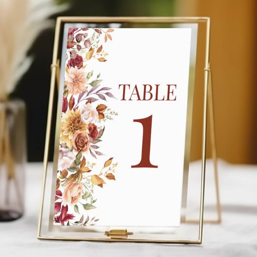 Numéro De Table Chute Bourgogne Brown Beige Floral Mariage