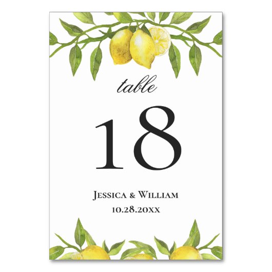 Numéro De Table Citron et verdure Mariage élégant (Dos)