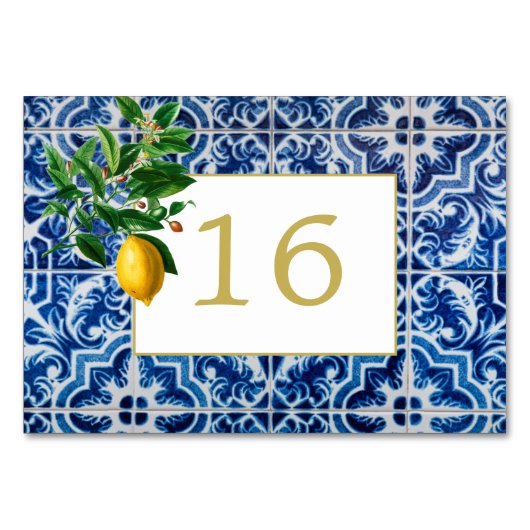 Numéro De Table Citron Toscan Carrelage Bleu Blanc Mariage (Devant)
