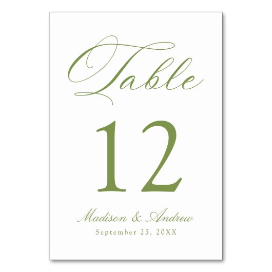 Numéro De Table Classic Olive Green Calligraphy Wedding (Dos)