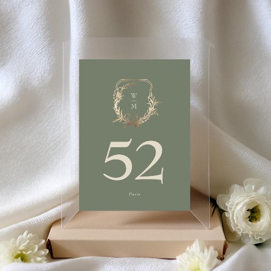 Numéro De Table Classic Sage & Cream Monogram Gold Crest Mariage