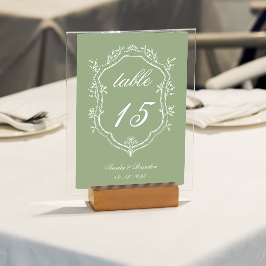 Numéro De Table Classic Sage Green & White Floral Crest Wedding