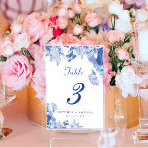 Numéro De Table Classique bleu blanc Floral Chinoiserie Mariage