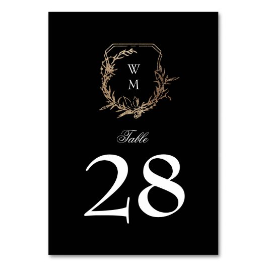 Numéro De Table classique noir blanc monogramme mariage or crête (Dos)