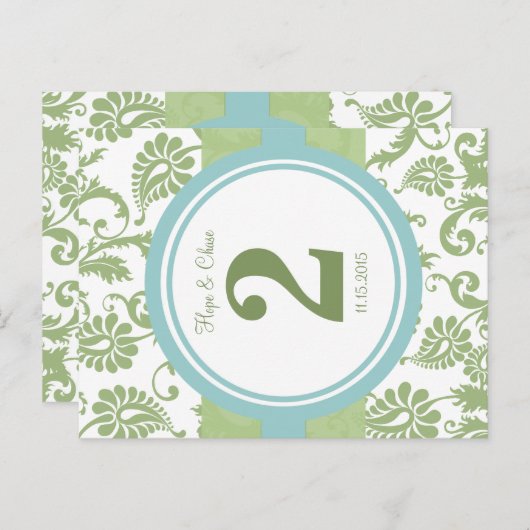 Numéro de table Clover Damask et Aqua (Devant / Derrière)