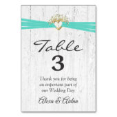Numéro De Table Coeur avec ruban Turquoise sur bois blanchi (Dos)
