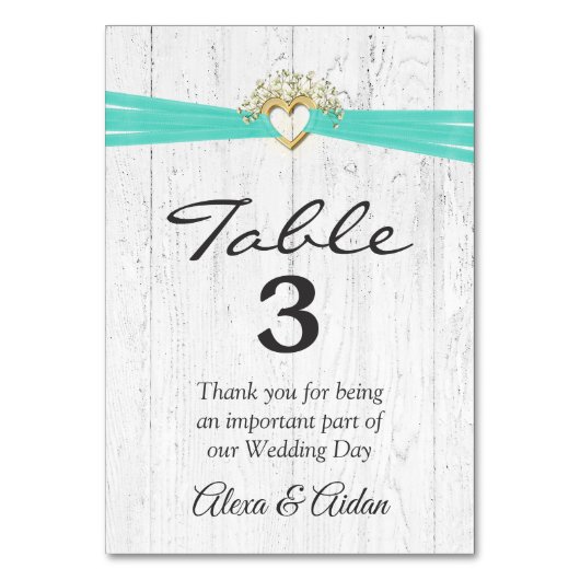 Numéro De Table Coeur avec ruban Turquoise sur bois blanchi (Dos)