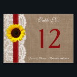 Numéro De Table Collection de Mariages de tournesol rustique - Rou<br><div class="desc">La collection de tournesol rustique est un design époustouflant avec un bel arrière - plan rustique effet burlap avec une coupe en dentelle vintage romantique finie par un superbe tournesol et ruban rouge. Ces cartes de numéro de table peuvent être personnalisées pour votre occasion spéciale et rendraient la pièce centrale...</div>
