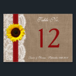 Numéro De Table Collection de Mariages de tournesol rustique - Rou<br><div class="desc">La collection de tournesol rustique est un design époustouflant avec un bel arrière - plan rustique effet burlap avec une coupe en dentelle vintage romantique finie par un superbe tournesol et ruban rouge. Ces cartes de numéro de table peuvent être personnalisées pour votre occasion spéciale et rendraient la pièce centrale...</div>