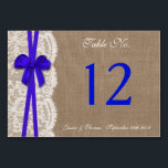 Numéro De Table Collection de Mariages Rustic Blue Bow<br><div class="desc">La collection rustique de mariage bleu arc est un design étonnant avec un joli arrière - plan rustique effet burlap avec un cadre romantique vintage effet dentelle blanche et un arc bleu étonnant. Ces cartes de numéro de table peuvent être personnalisées pour votre occasion spéciale et rendraient la pièce centrale...</div>