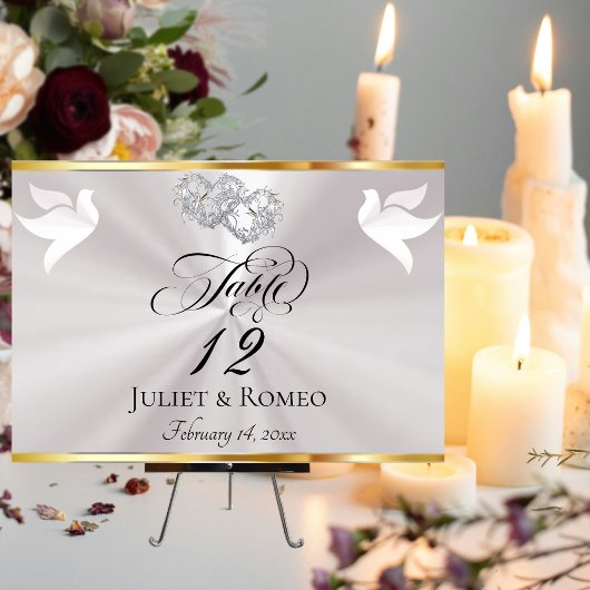 Numéro De Table Colombes & Cœurs - Blanc Perle/Argenté