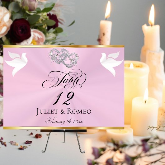 Numéro De Table Colombes & Cœurs - Rose Pastel/Argenté