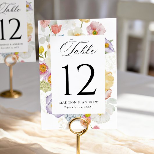 Numéro De Table Colorful Watercolor Wildflower Wedding