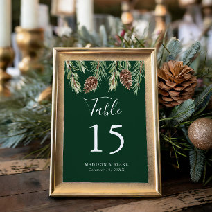 Numéro De Table Cône de pin aquarelle hivernale mariage vert