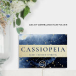Numéro De Table Constellation Cassiopée (ou autre) Or bleu<br><div class="desc">Elégante constellation céleste "Cassiopée" (ou toute autre, comme vous pouvez le customiser à n'importe quel nom que vous aimez) numéro de table. Galaxie aquarelle délicate avec constellations arrière - plans dans un beau mélange de bleu, bleu marine, bleu pâle et doré. Elégante bande dorée avec nom de constellation en bleu....</div>