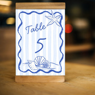 Numéro De Table Coquillages bleu ondulé bordé mariage plage