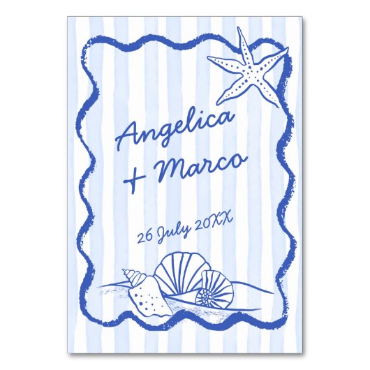 Numéro De Table Coquillages bleu ondulé bordé mariage plage (Dos)