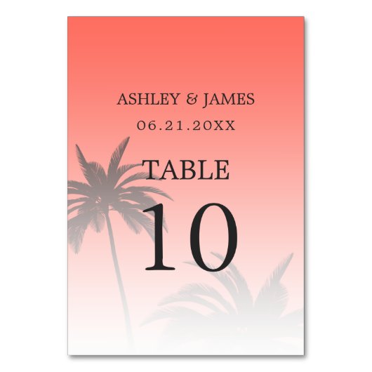 Numéro De Table Coral Tropical Palm Tree Beach Mariage (Dos)