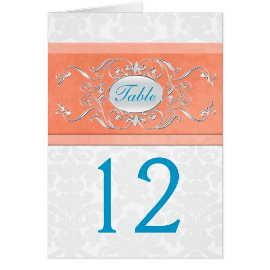 Numéro de table Coral, Turquoise et Grey Damask (Devant)