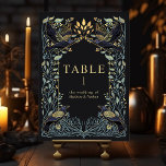 Numéro De Table Corbeau gothique enchanté Mariage floral Numéro de<br><div class="desc">Design mariage élégant et gothique avec des corbeaux et des feuillages. Ce design est composé d'un arrière - plan noir, de corbeaux bleu foncé et de feuilles verts muets aux accents dorés. Objets correspondants dans notre boutique pour un thème de fête complet. Le design n'est pas un vrai papier peint....</div>