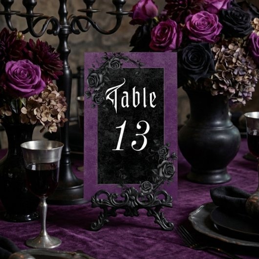 Numéro De Table Corbeau noir gothique et Rose Mariage violet