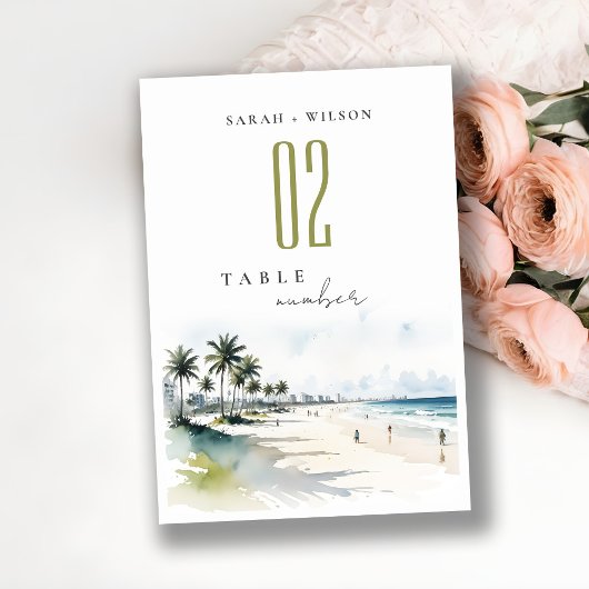 Numéro De Table Côte Miami Beach Palm Tree Mariage d'aquarelle