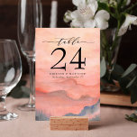 Numéro De Table Coucher de soleil de corail rustique<br><div class="desc">En matière de papeterie mariage,  les styles boisés lancent le thème pour une soirée magique ou un week-end mariage entier dans les montagnes.Donnez le ton à votre mariage rustique avec ce design d'inspiration montagnarde avec une scène de montagne aquarelle arrière - plan avec pins.</div>