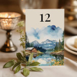 Numéro De Table Country Lake Rustic Barn Mariage d'aquarelle<br><div class="desc">Carte de numéro de table mariage avec aquarelle au design rustique, avec une charmante grange mariage nichée sur les rives d'un lac tranquille, encadrée par des montagnes majestueuses et des pins vertigineux. La scène de la campagne aquarelle saisit la beauté sereine d'une journée ensoleillée, avec les teintes chaudes en bois...</div>