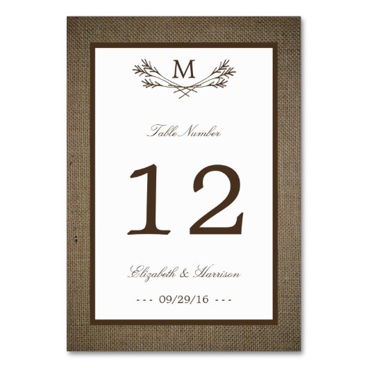 Numéro De Table Country Rustic Monogramme Branche & Mariage Burlap (Par défaut)