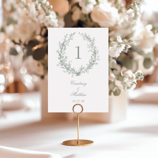 Numéro De Table Couronne de mariage botanique Monogramme Vert Saug