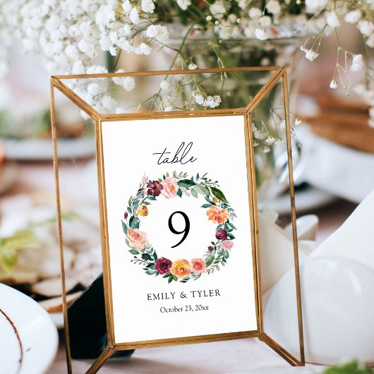 Numéro De Table Couronne de mariage de fleurs de rose d'automne