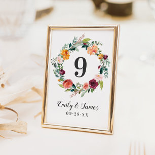 Numéro De Table Couronne florale de mariage rustique d'automne ave