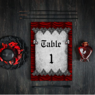 Numéro De Table Crânes d'argent sang rouge soie Mariage gothique