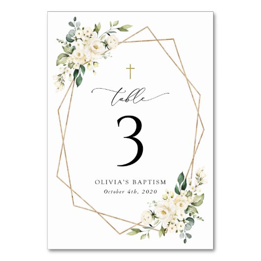 Numéro De Table Cream White Flowers, Boho, Baptism Table Numbers (Dos)