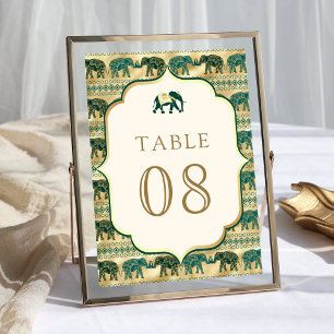 Numéro De Table Crème Émeraude Vert Or Éléphant Mariage Indien
