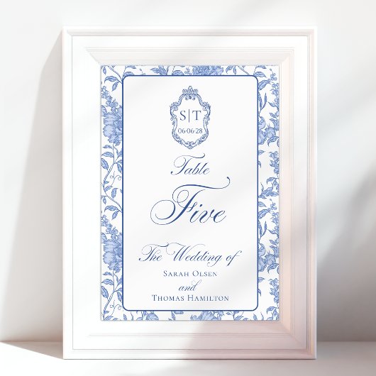 Numéro De Table Crest Monogram Bleu Floral Script Cinq