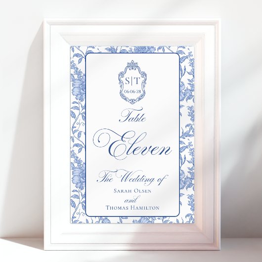 Numéro De Table Crest Monogram Blue Floral Script Eleven