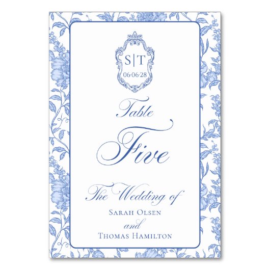 Numéro De Table Crest Monogram Blue Floral Script Five (Par défaut)