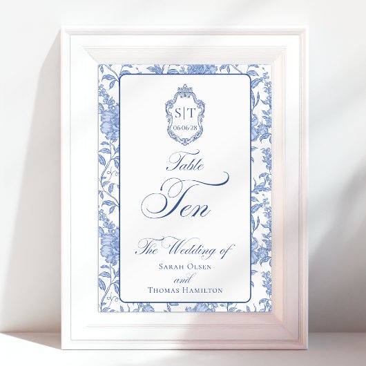 Numéro De Table Crest Monogram Blue Floral Script TEN
