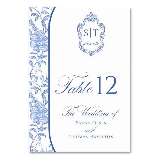 Numéro De Table Crest Monogram Delft Blue Floral Script (Par défaut)