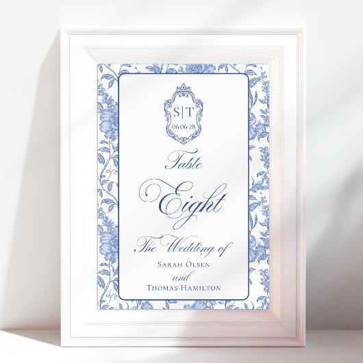 Numéro De Table Crest Monogramme Bleu Floral Script Huit