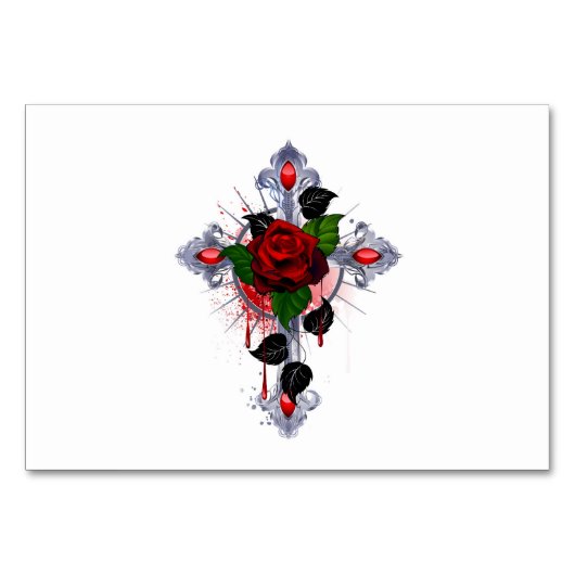 Numéro De Table Croix d'argent avec une rose rouge (Devant)
