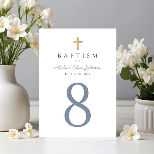 Numéro De Table Croix Religieuse Baptême Garçon Bleu