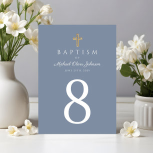 Numéro De Table Croix religieuse Dusty Blue Boy Baptême