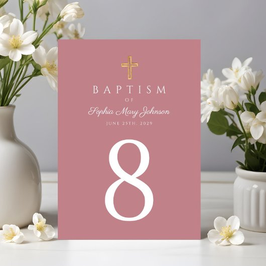 Numéro De Table Croix Religieuse Rose Fille Baptême
